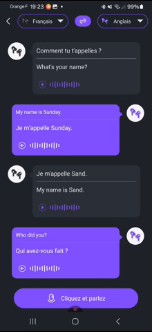 alt="Interface de traduction en direct de l’application Hearific, avec conversation traduite entre le français et l’anglais"